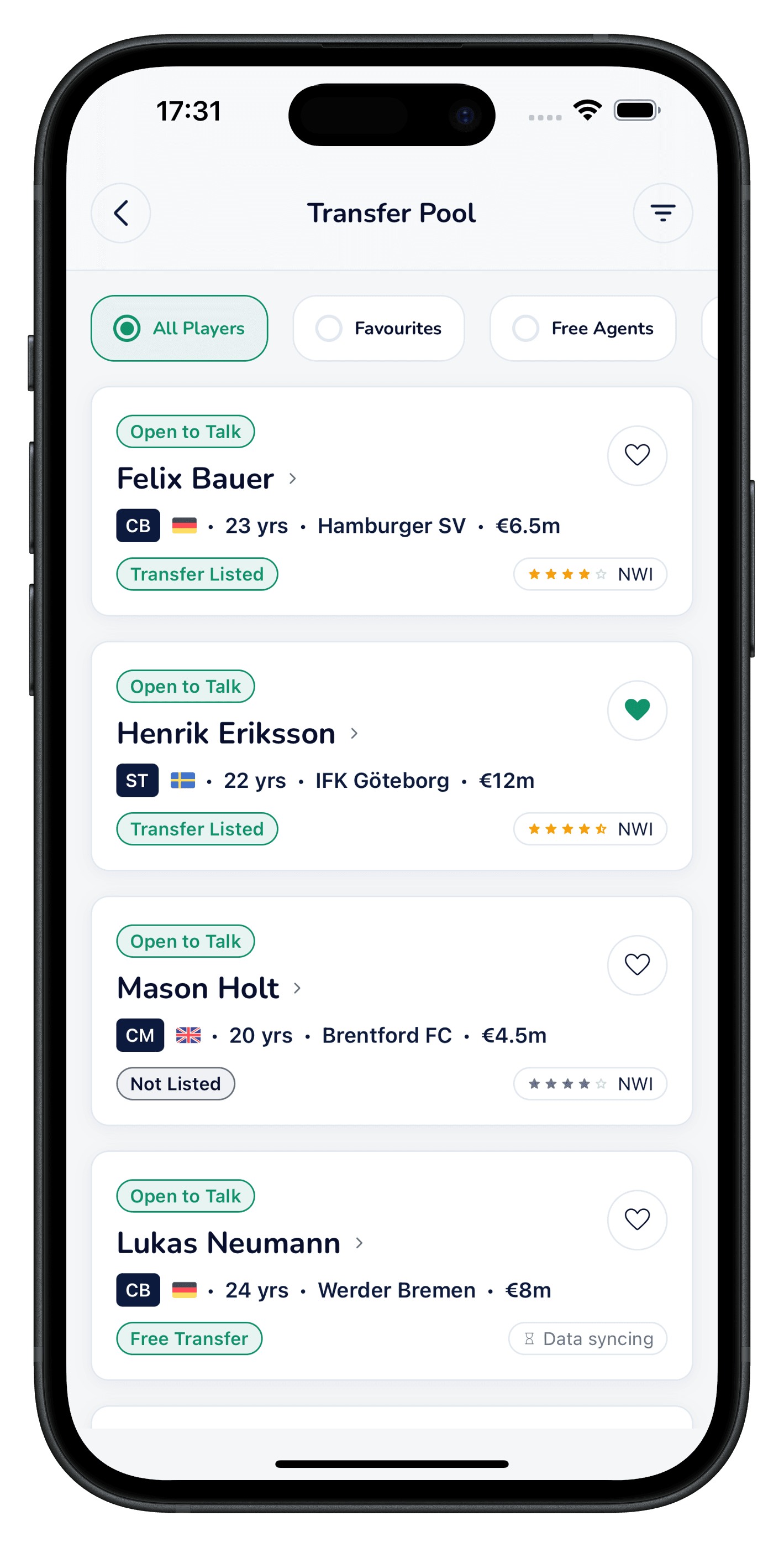 NegotiateWind Transfer Pool — verified players, filterable list with NWI ratings